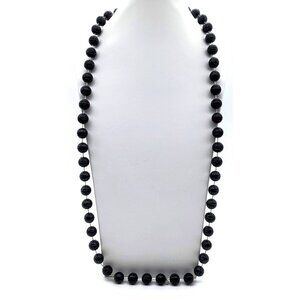 Basic Black Beaded Necklace Vintage Strand Striped Lucite Beads, Flapper Length